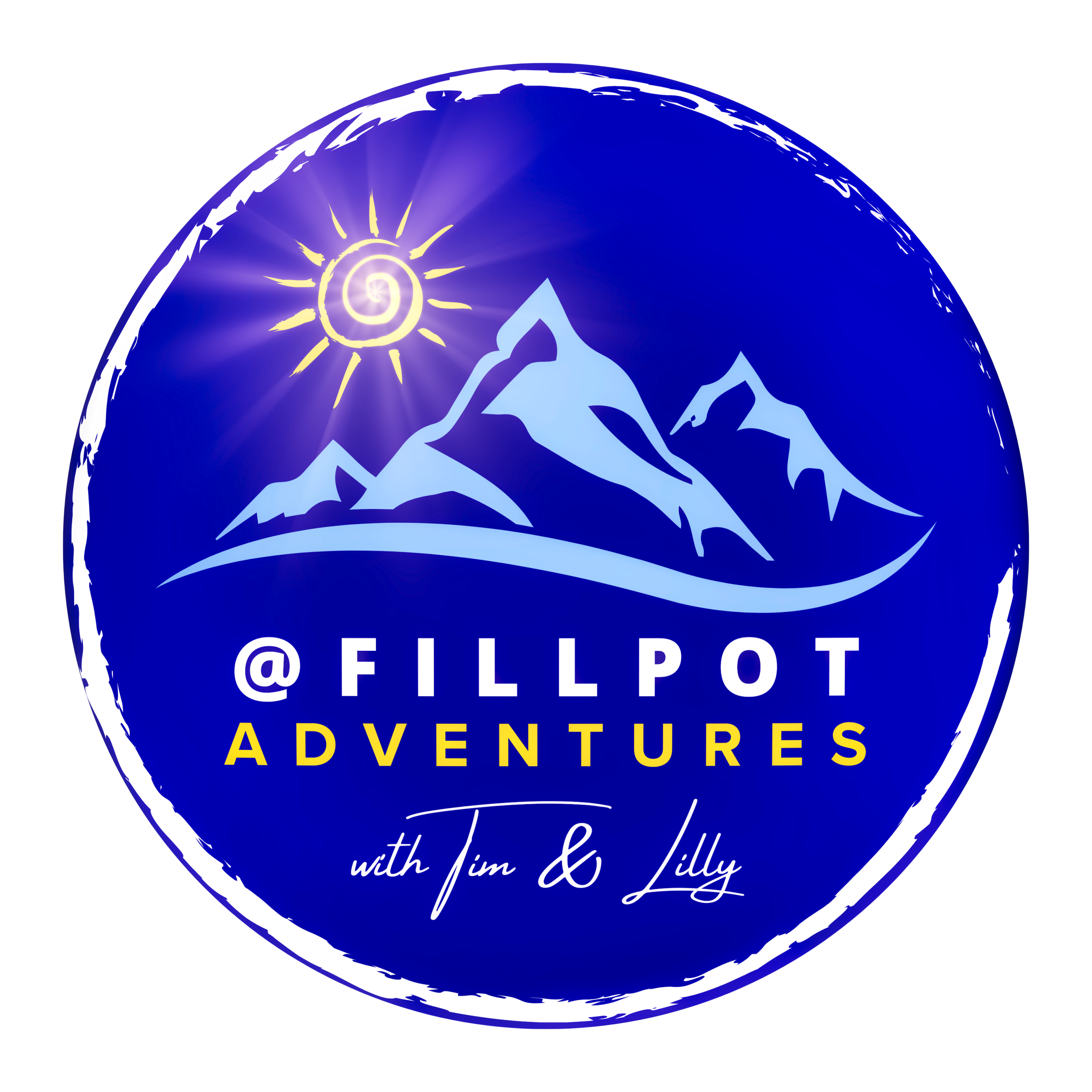 Logo of @FillPot Adventures featuring a stylized illustration of mountains in white and blue, a yellow sun, and the name '@FillPot Adventures' written in yellow and white text.