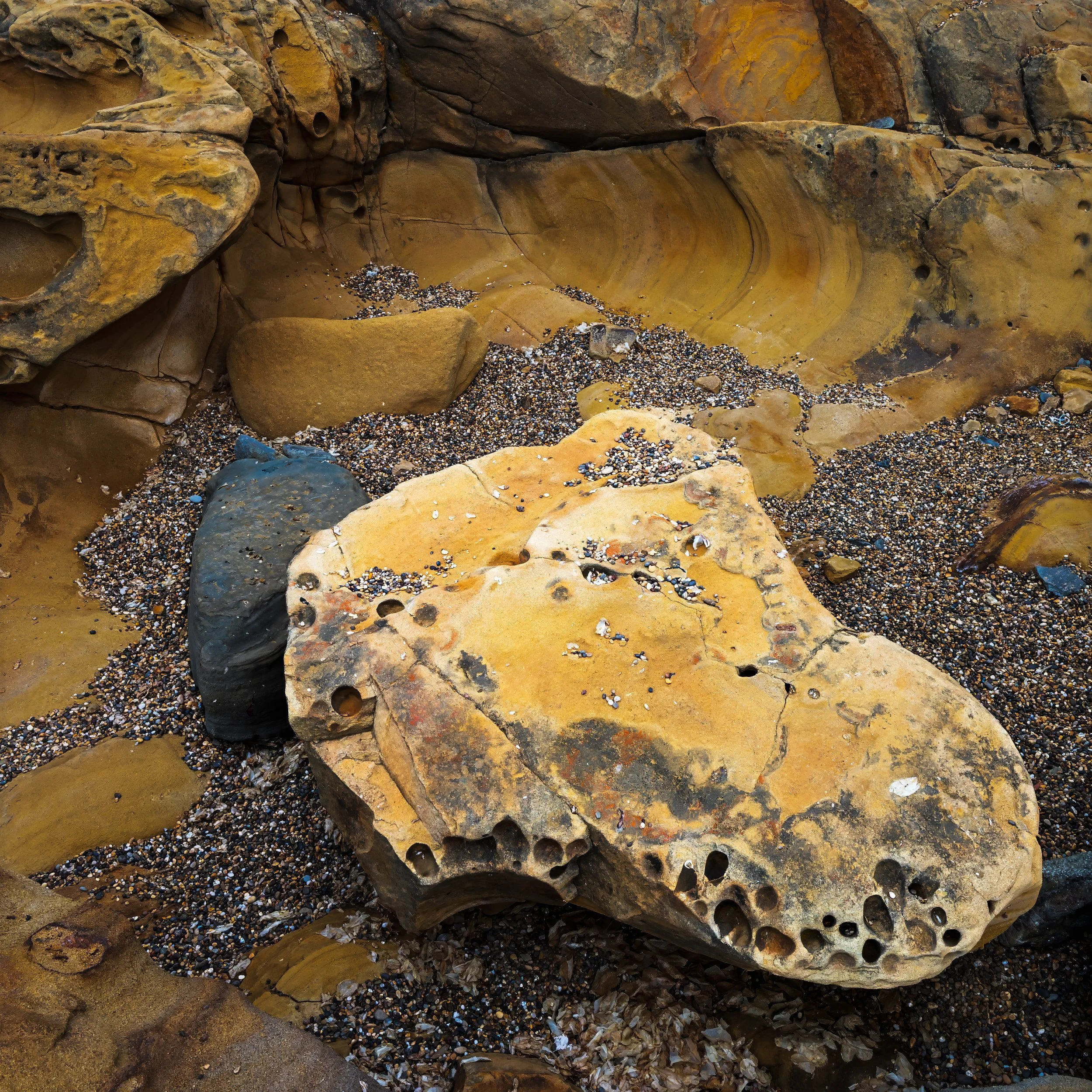 Close-up view of large, weathered rocks with small pebbles and shells scattered at the base.