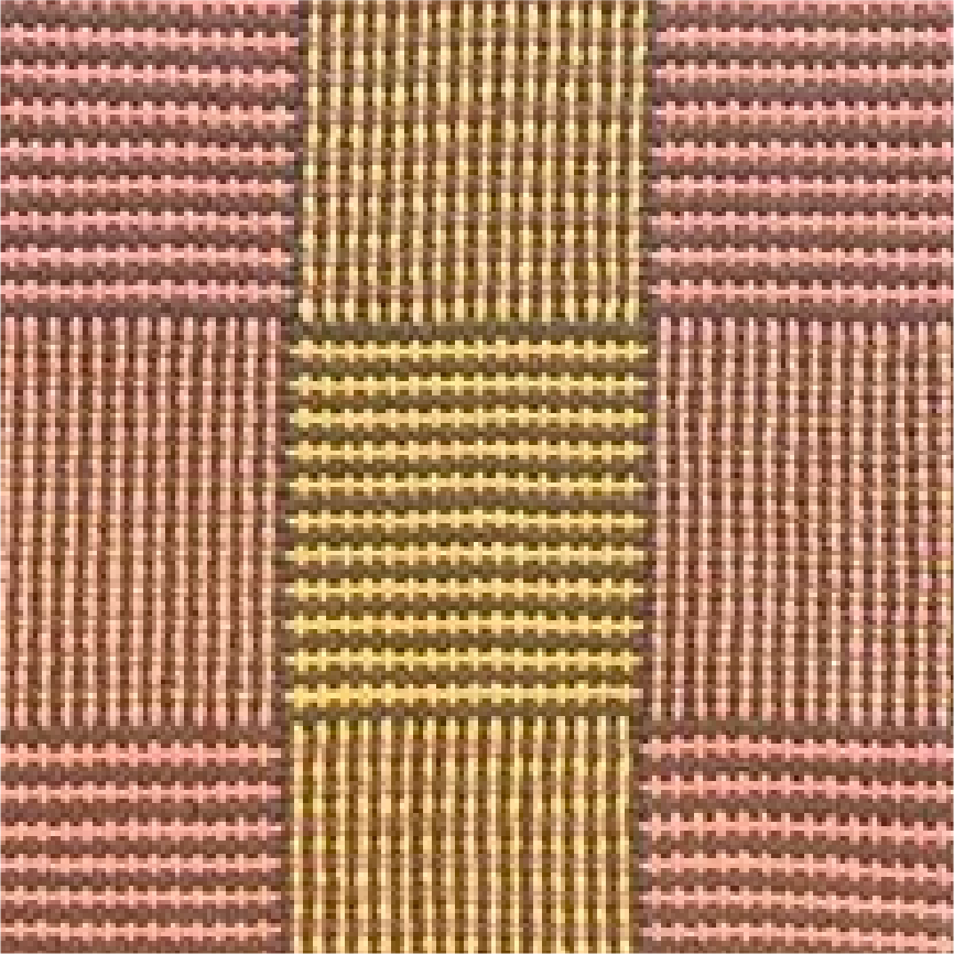 Close-up of woven fabric with pink, brown, and yellow checkered pattern.