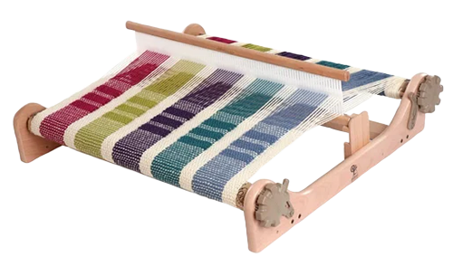 A Rigid Heddle wooden loom with colorful yarn strands woven into a striped fabric.