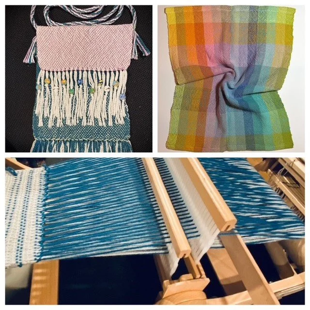 Three different types of woven textiles: a small woven bag with tassels, a colorful checkered cloth, and a weave in progress on a loom.