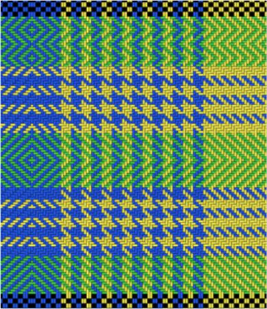 Close-up of a colorful woven textile with geometric patterns in green, blue, yellow, and black.