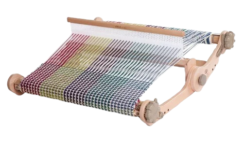 A Rigid Heddle loom  loom with colorful threads.
