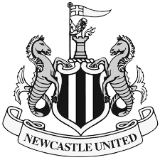 The Newcastle United football club crest featuring two seahorses, a shield with black and white stripes, a knight's helmet, and a banner with the club's name.