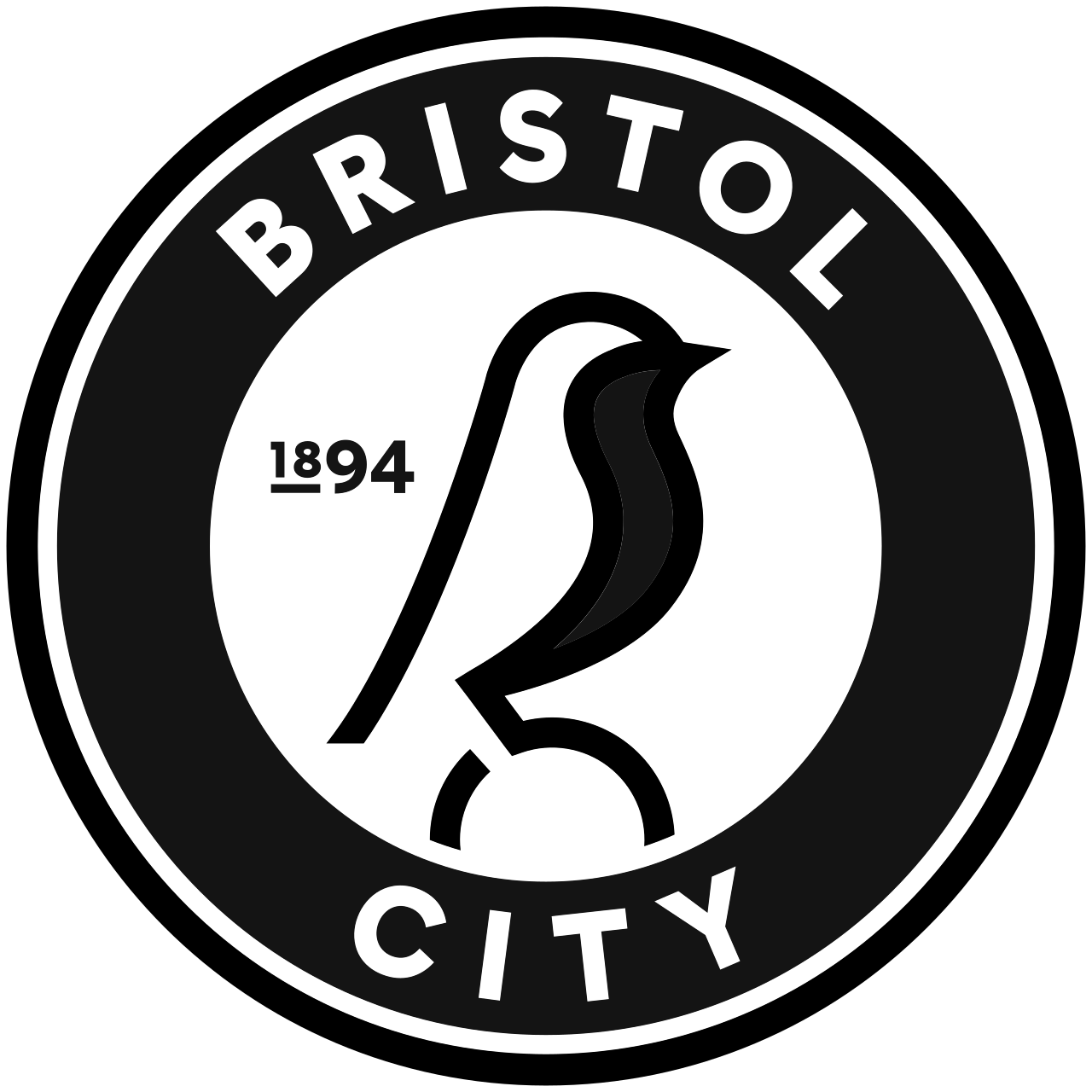 Black and white circular logo for Bristol City with the year 1894, featuring a stylized bird or swallow in the center.