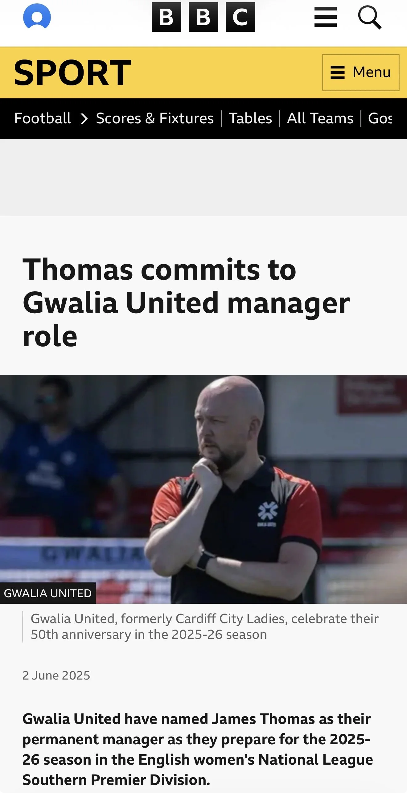 Screenshot of a BBC sports webpage article with a headline about James Thomas becoming the manager of Gwalia United.