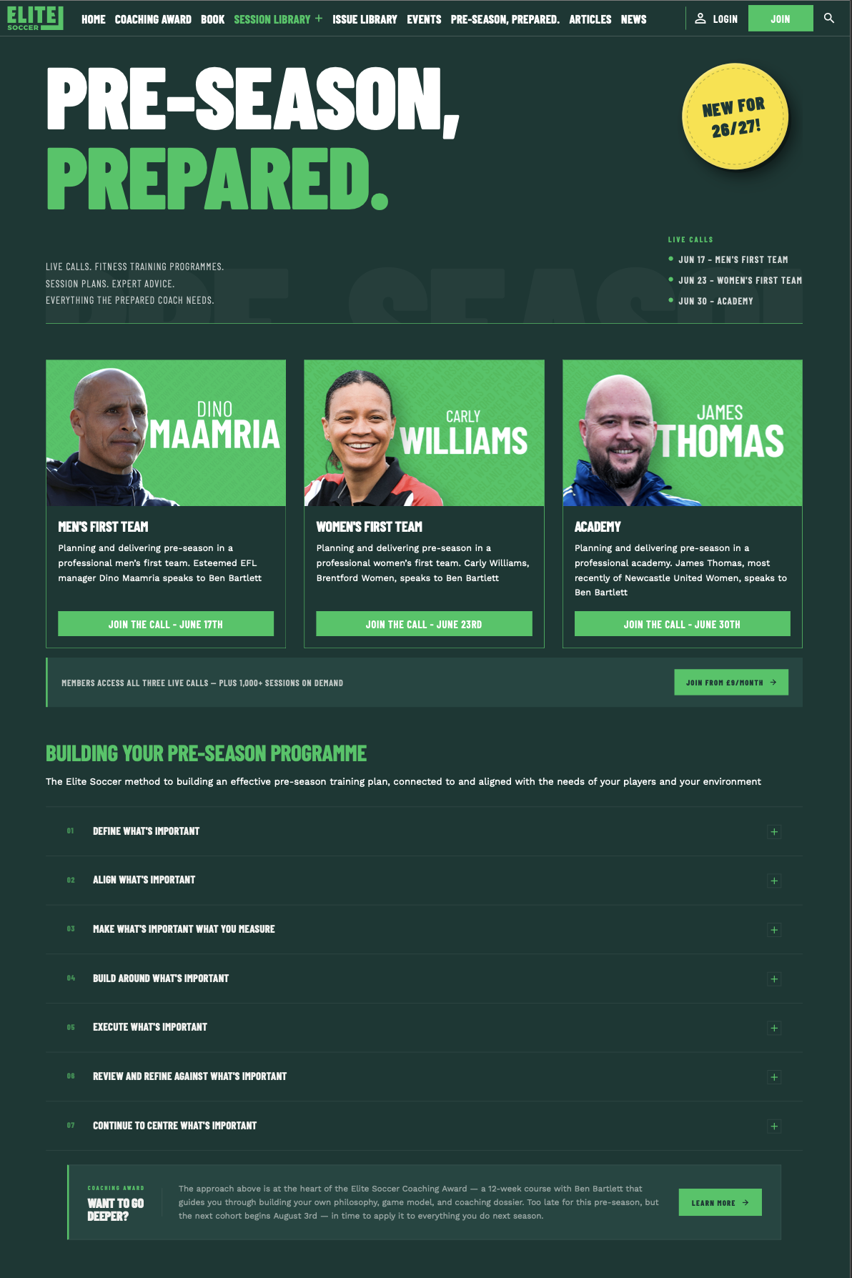 Screenshot of a website homepage for Elite Soccer, highlighting pre-season training programs with speakers Dino Maamria, Carly Williams, and James Thomas, and scheduling live calls in June.