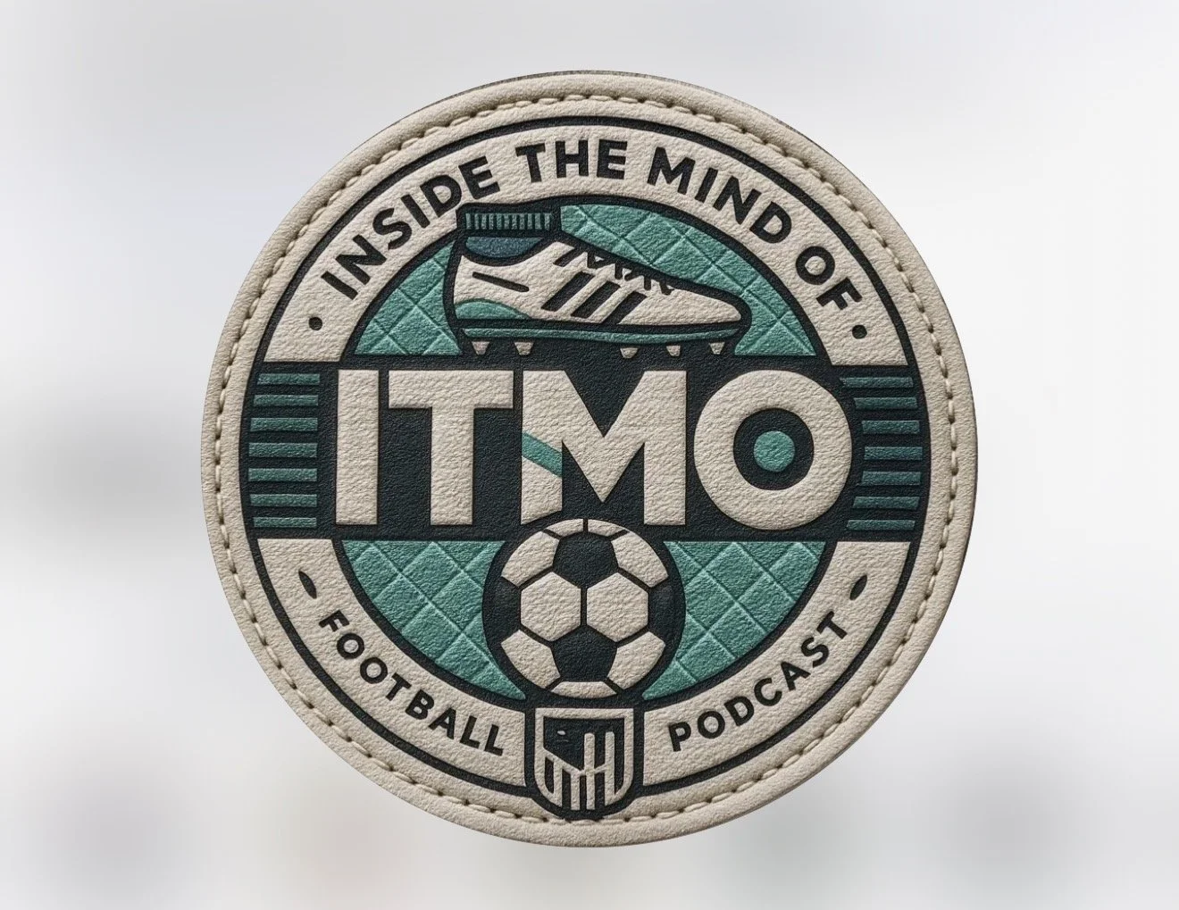 A circular patch with a soccer theme, featuring a soccer shoe and ball, and the text 'Inside the Mind of TMO', 'Football Podcast'.