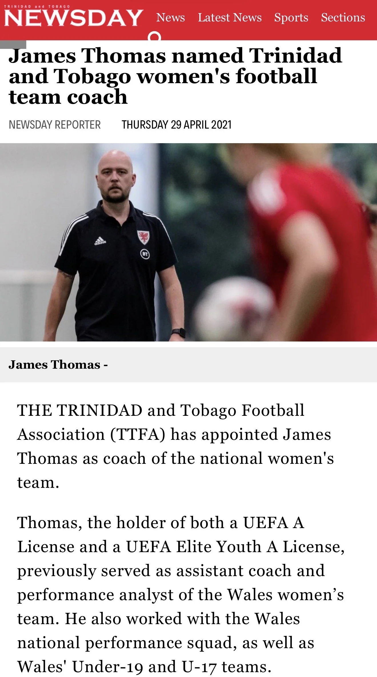 A news article from Trinidad and Tobago Newsday, dated Thursday, April 29, 2021, announcing James Thomas as the new coach of the Trinidad and Tobago women's football team.