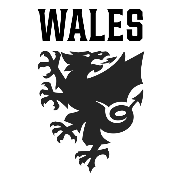 Black silhouette of a dragon with wings, claws, and tail, with the word 'WALES' in bold uppercase letters above it.