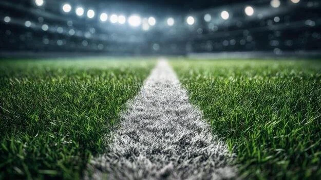 Close-up view of a white sports field line on green grass in a stadium with bright floodlights.