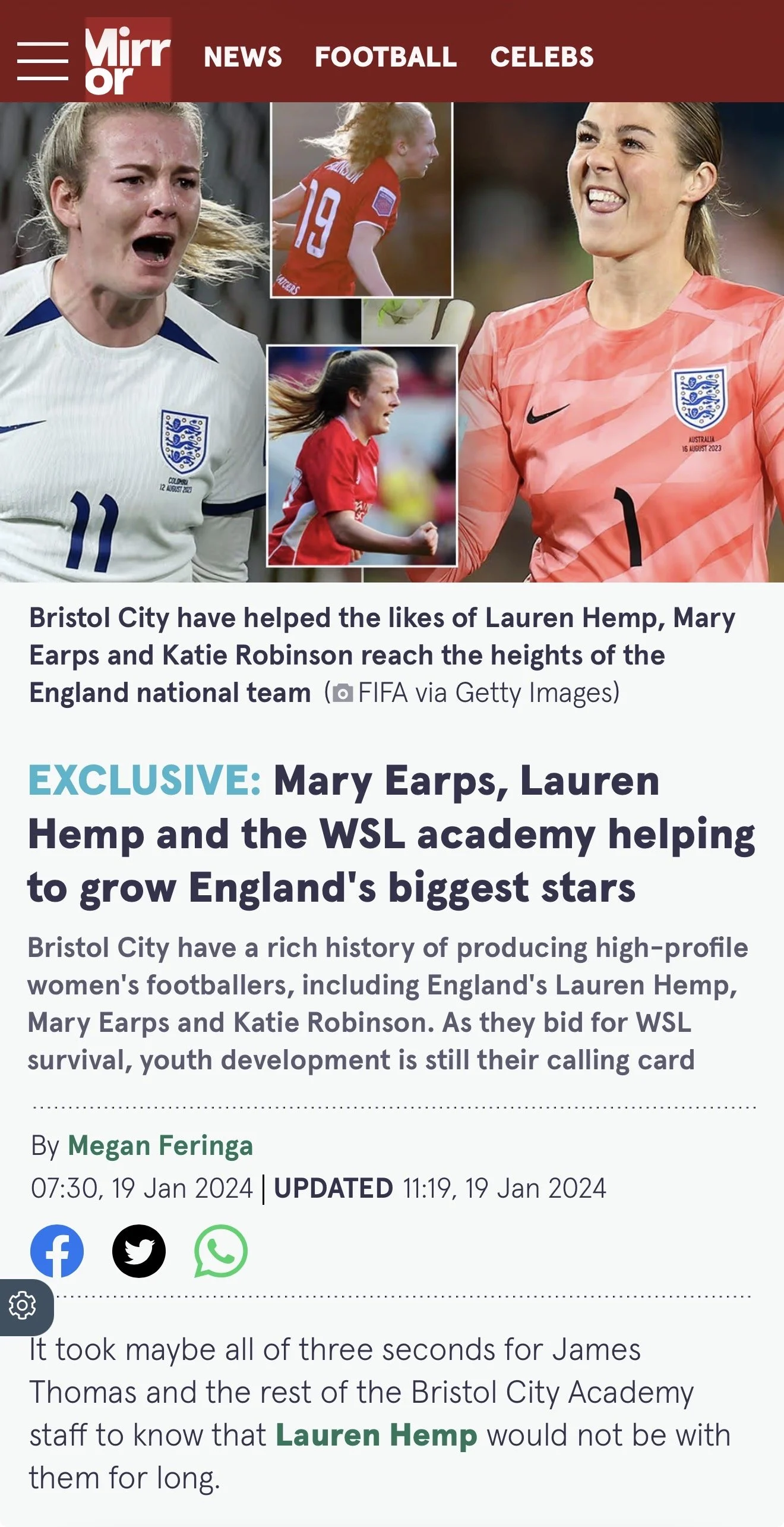 Collage of three female football players from the England women's national team, wearing red and white jerseys, with the headline discussing their rise and development at Bristol City, interview from daily Mirror with James Thomas