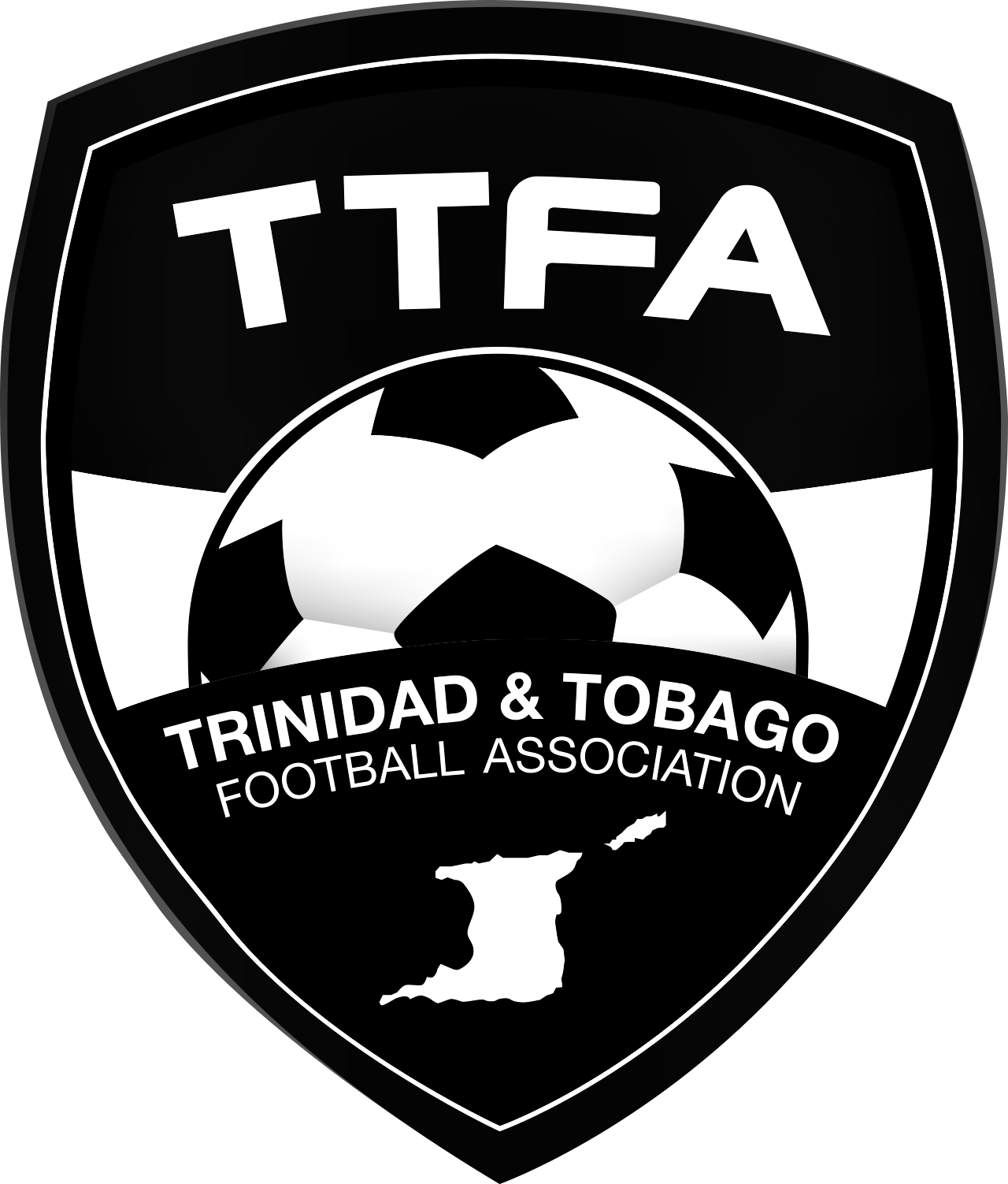 Black and white emblem of the Trinidad and Tobago Football Association, featuring a soccer ball and the map of Trinidad and Tobago.
