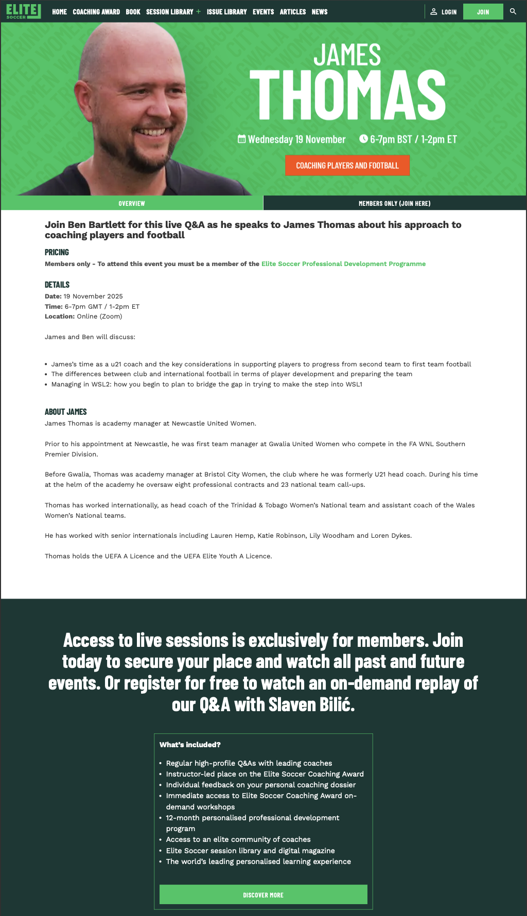 Webpage promoting a live Q&A session with James Thomas hosted by Elite Soccer, scheduled for Wednesday, November 19, 2025, from 6 to 7 pm BST / 1 to 2 pm ET. The event features coaching discussions and is exclusive to members of the Elite Soccer Professional Development Programme.