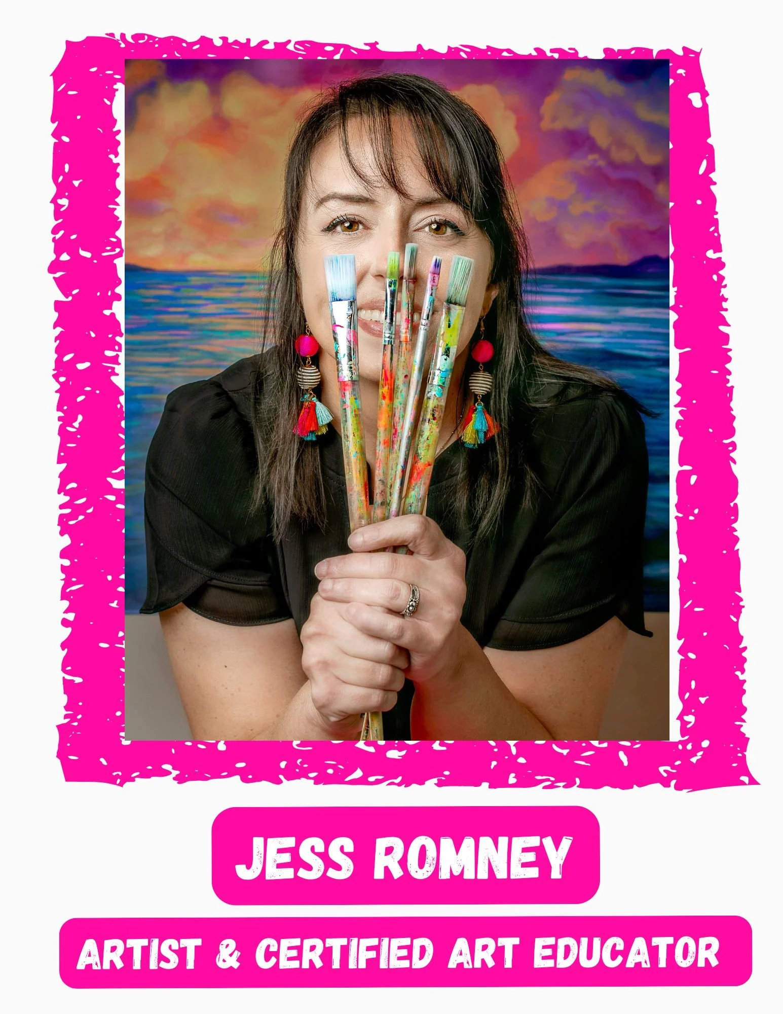 Portrait of Jess Romney, an artist and certified art educator, holding paintbrushes in front of a colorful seascape painting.