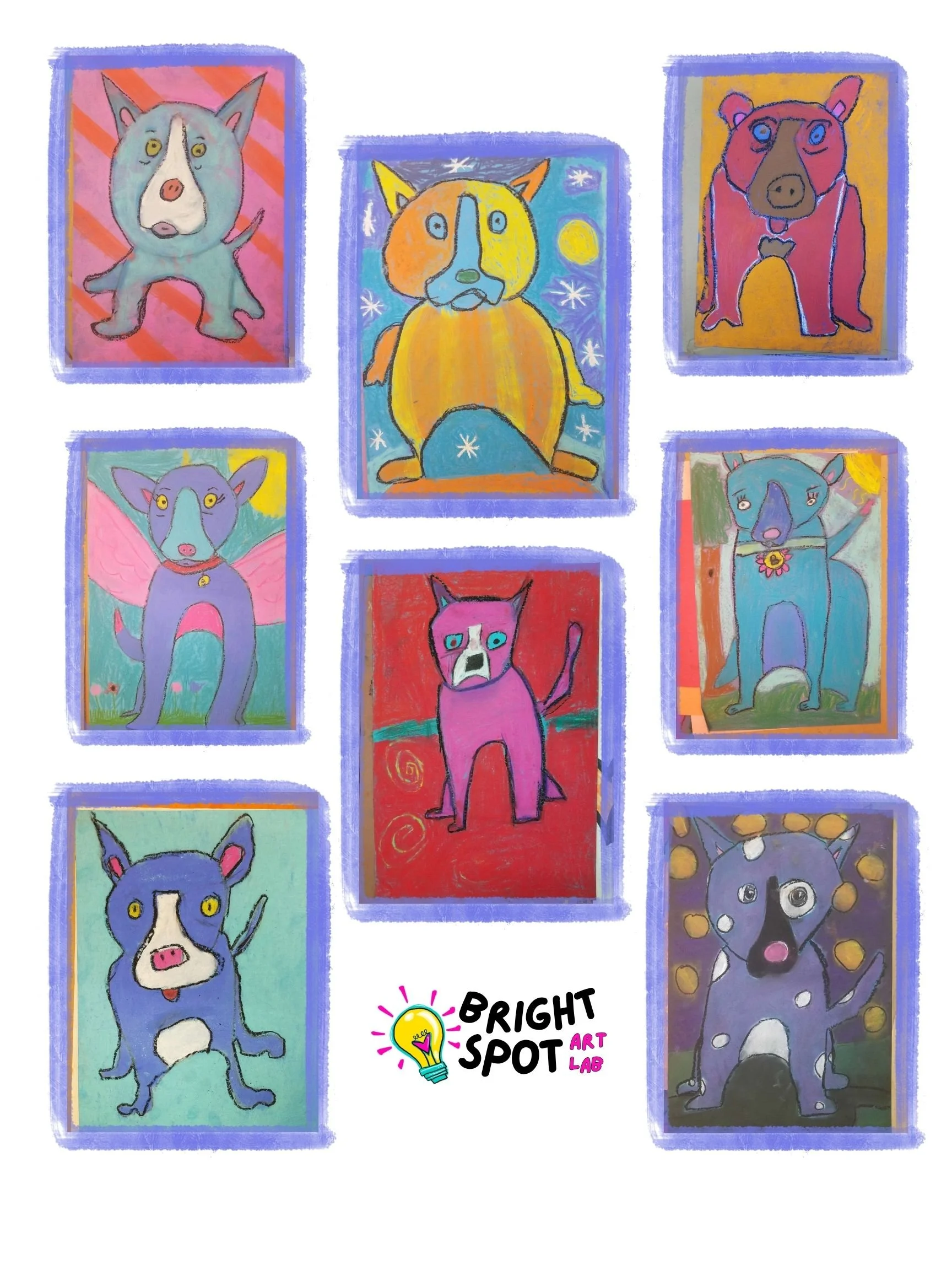 Colorful illustrations of various animals, including a dog with wings, a cat, a pig with a flower collar, a cartoon dog, and a bear, displayed in individual framed artwork styles.