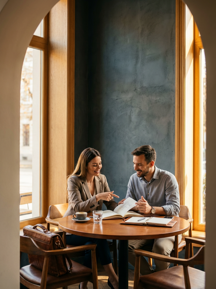Pareja sonriente conversando y revisando un libro en una cafetería con luz natural