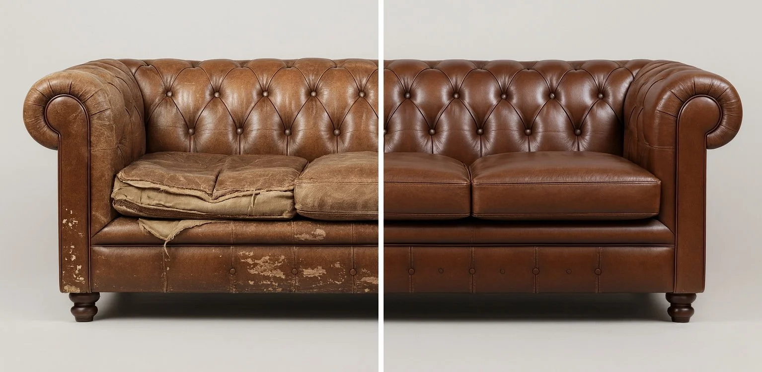 Comparison of two brown leather sofas; the left sofa is worn and damaged, while the right sofa is restored and polished.