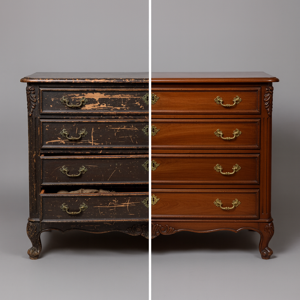 Side-by-side comparison of a vintage wooden dresser before and after restoration, with the left side showing a worn, scratched black finish and the right side displaying a polished, reddish-brown finish.