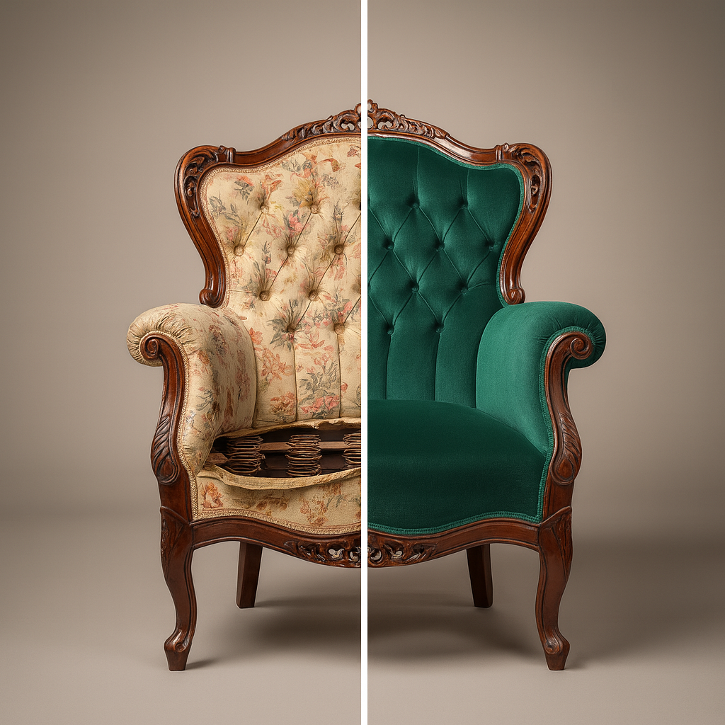 A split view of two antique armchairs with ornate wooden frames; the left chair has worn floral upholstery, and the right chair has new green velvet upholstery.