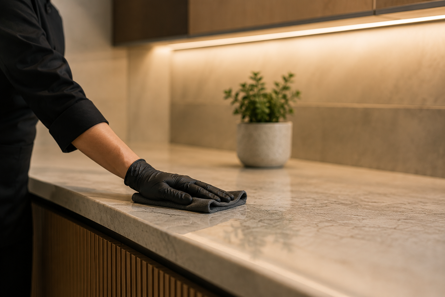 Person cleaning a marble countertop with a cloth, wearing black gloves.