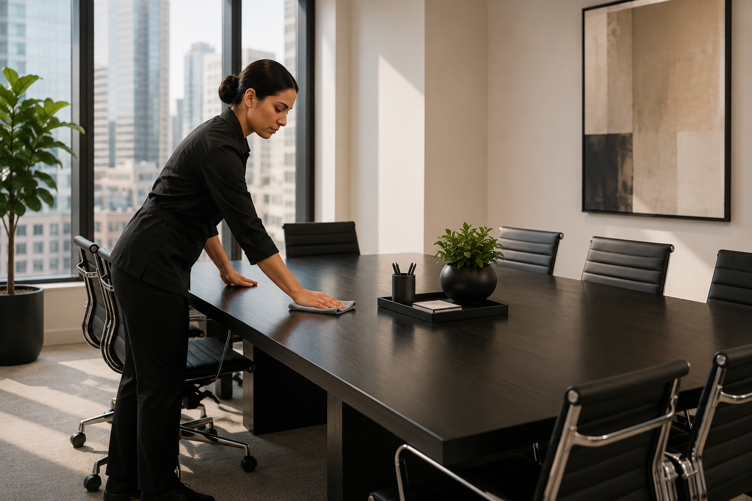 A woman in a black professional outfit cleaning a conference table with a cloth in a modern office.