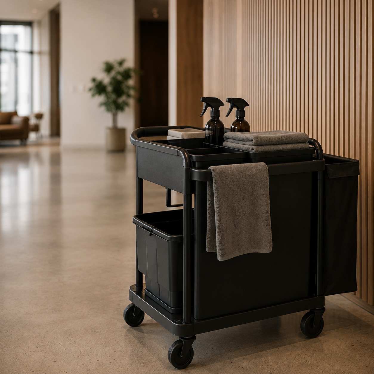 A black cleaning trolley with spray bottles, towels, and supplies is in a modern hotel lobby with wood paneling and a blurred background featuring a plant and seating area.