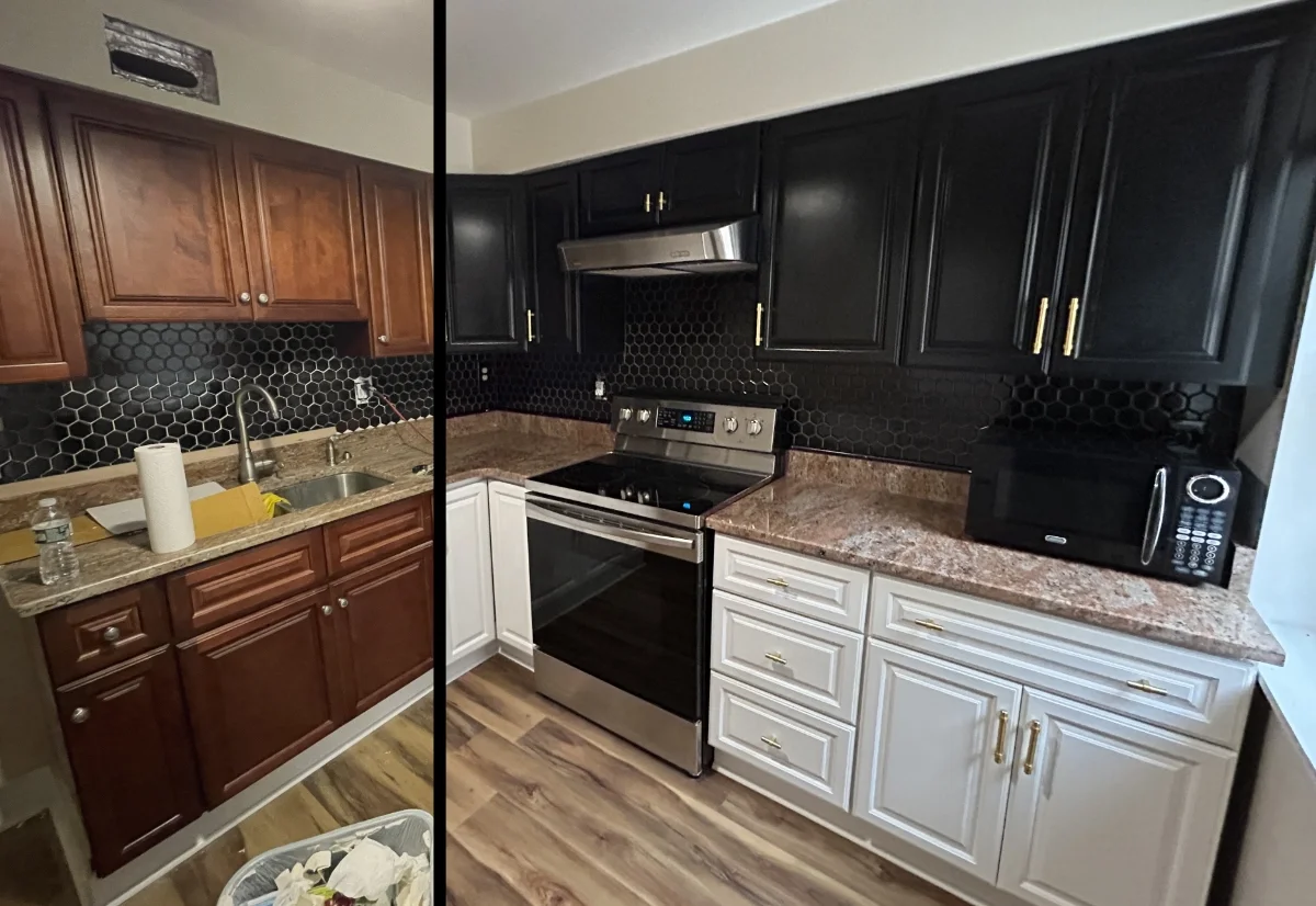 Before and after of a two-tone kitchen cabinet refinishing in Philadelphia, PA, with black upper cabinets, white lower cabinets, and gold hardware.