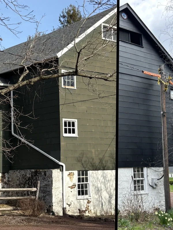 Before and after of a historic barn exterior repaint in Pennsylvania, going from weathered olive green to a fresh deep charcoal with crisp white trim.