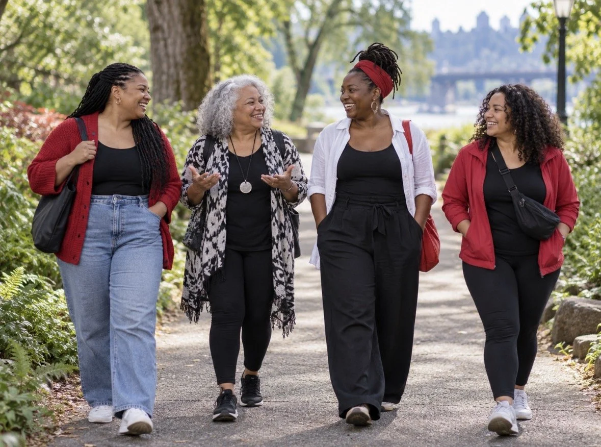 Four women walking and talking along a park path.