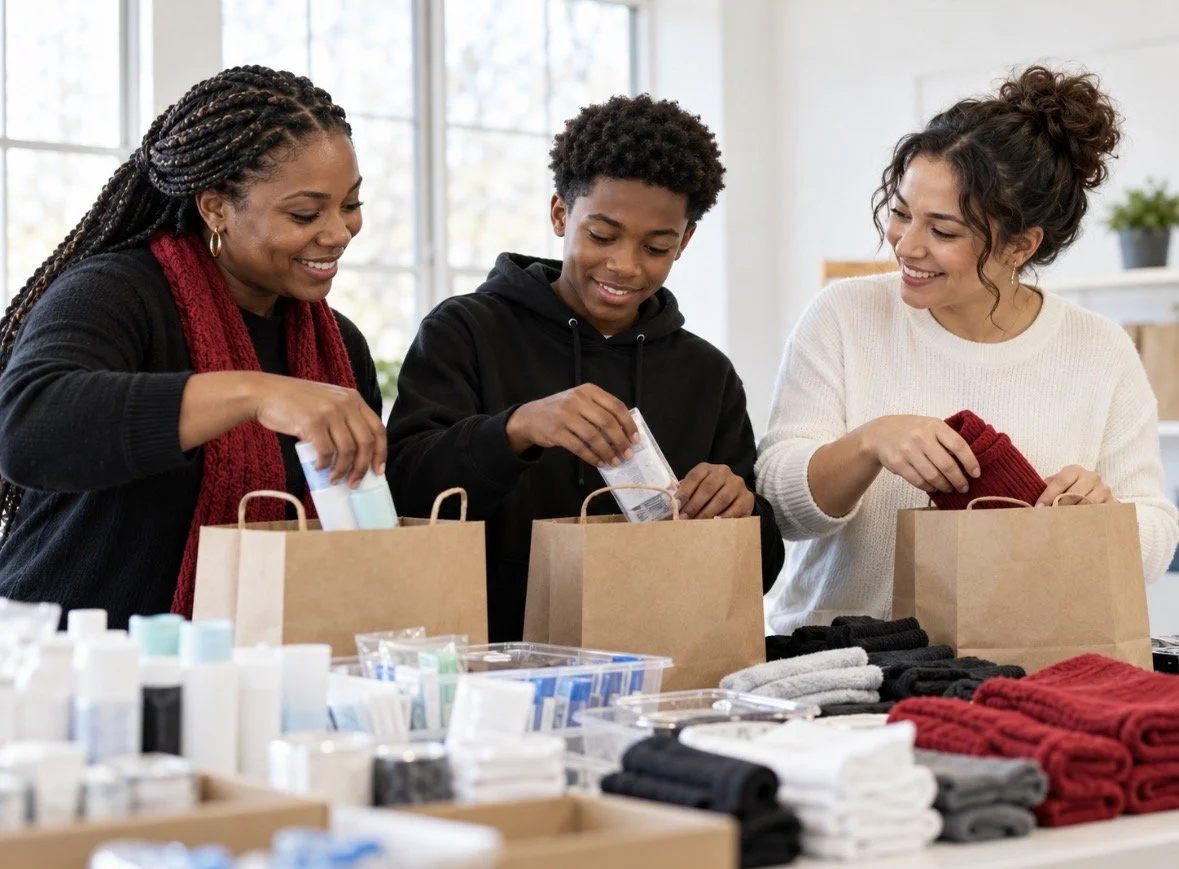 Three people packing toiletries and socks into bags at a table.
