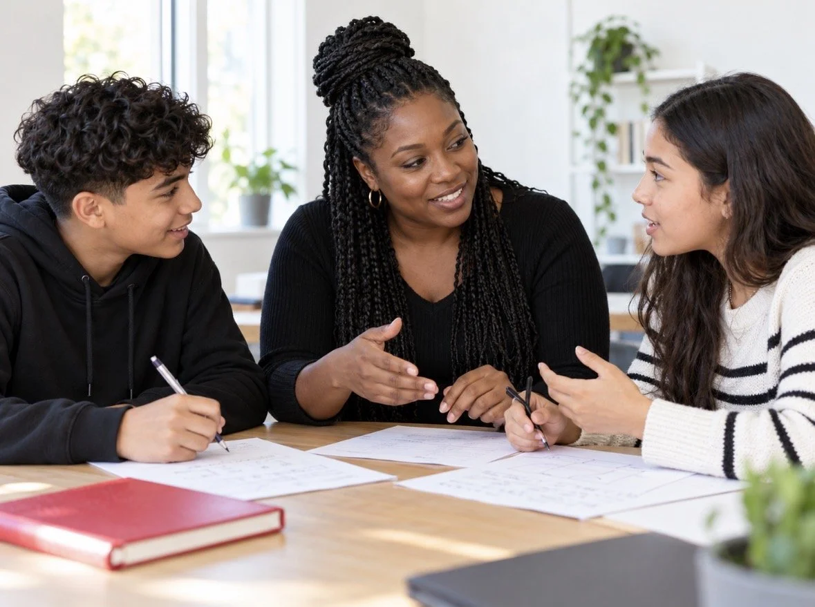 Adult and two young people discussing materials at a table.