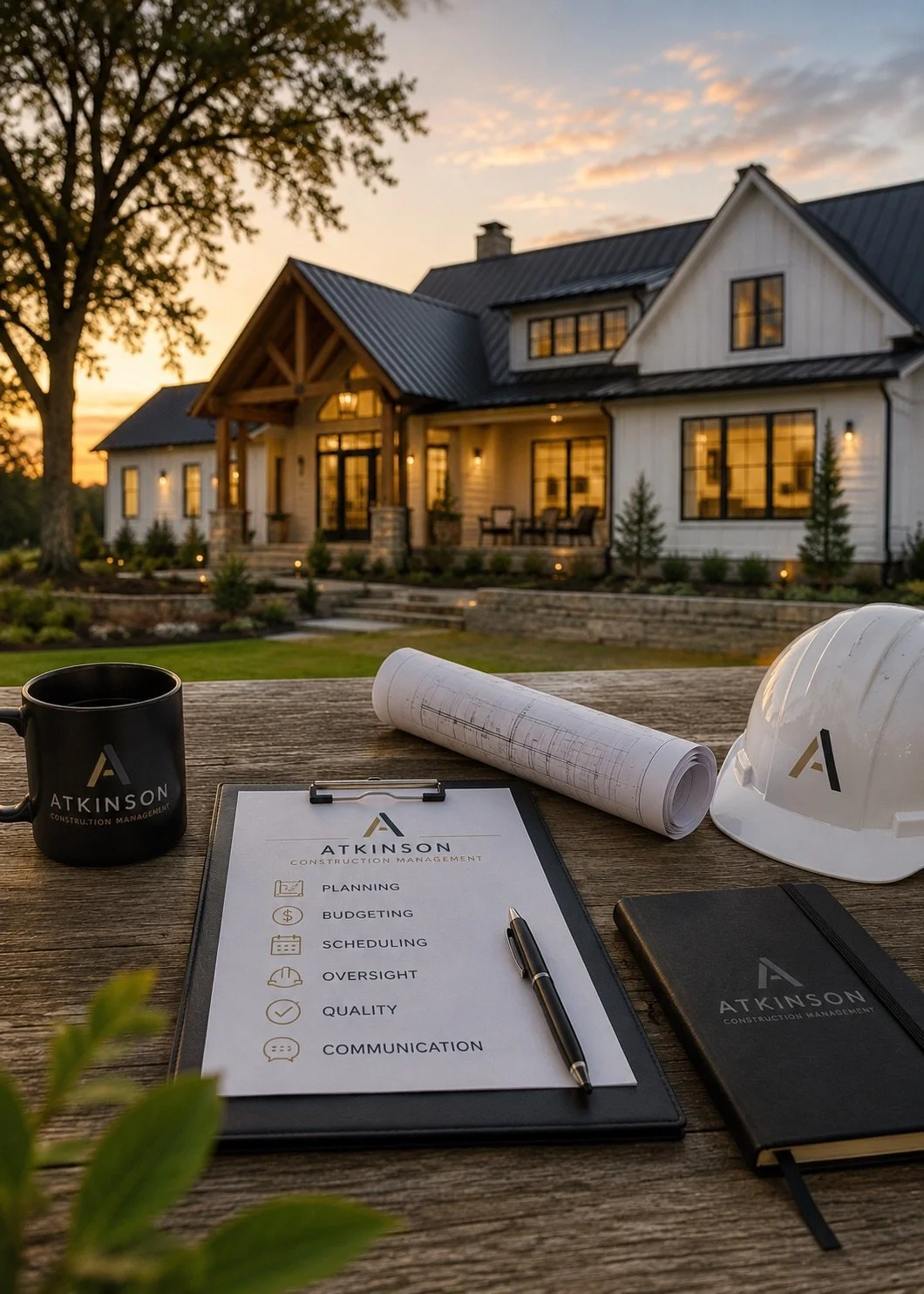 Construction management documents and tools on a table in front of a house at sunset, including a blueprint, a hard hat, a notebook, a pen, a coffee mug, and a planning sheet labeled 'Atkinson Construction Management' with tasks such as planning, budgeting, scheduling, oversight, quality, and communication.