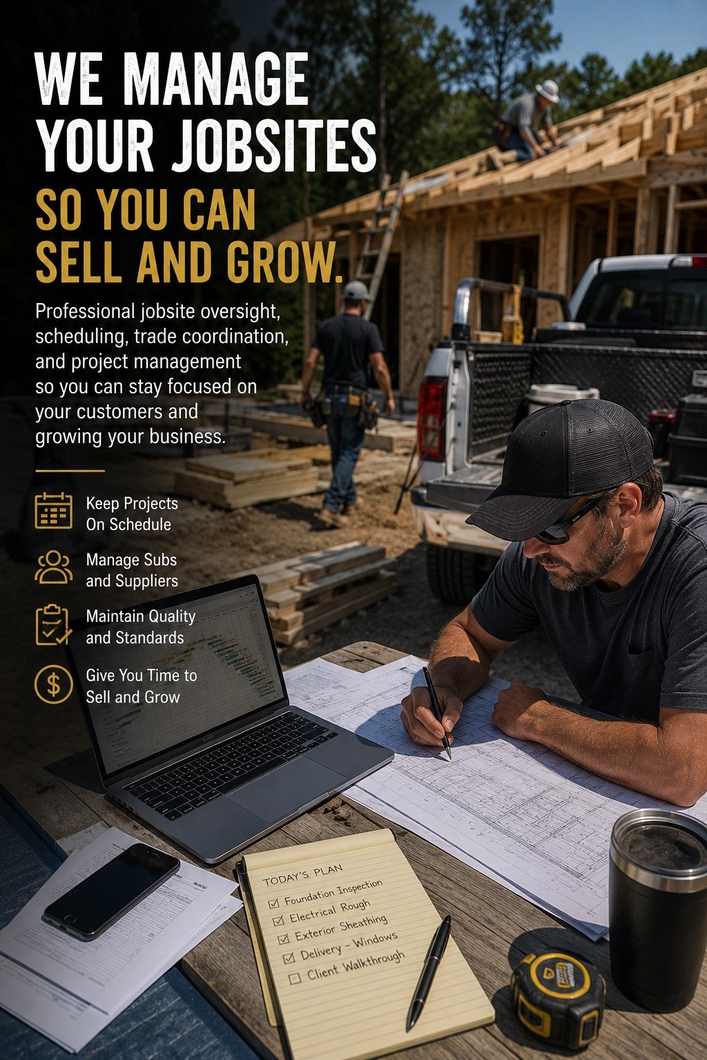 A construction site with workers and a truck, overlaid with text about managing construction projects, including a man working on plans at a table with a laptop and tablet, and a notepad with a checklist.