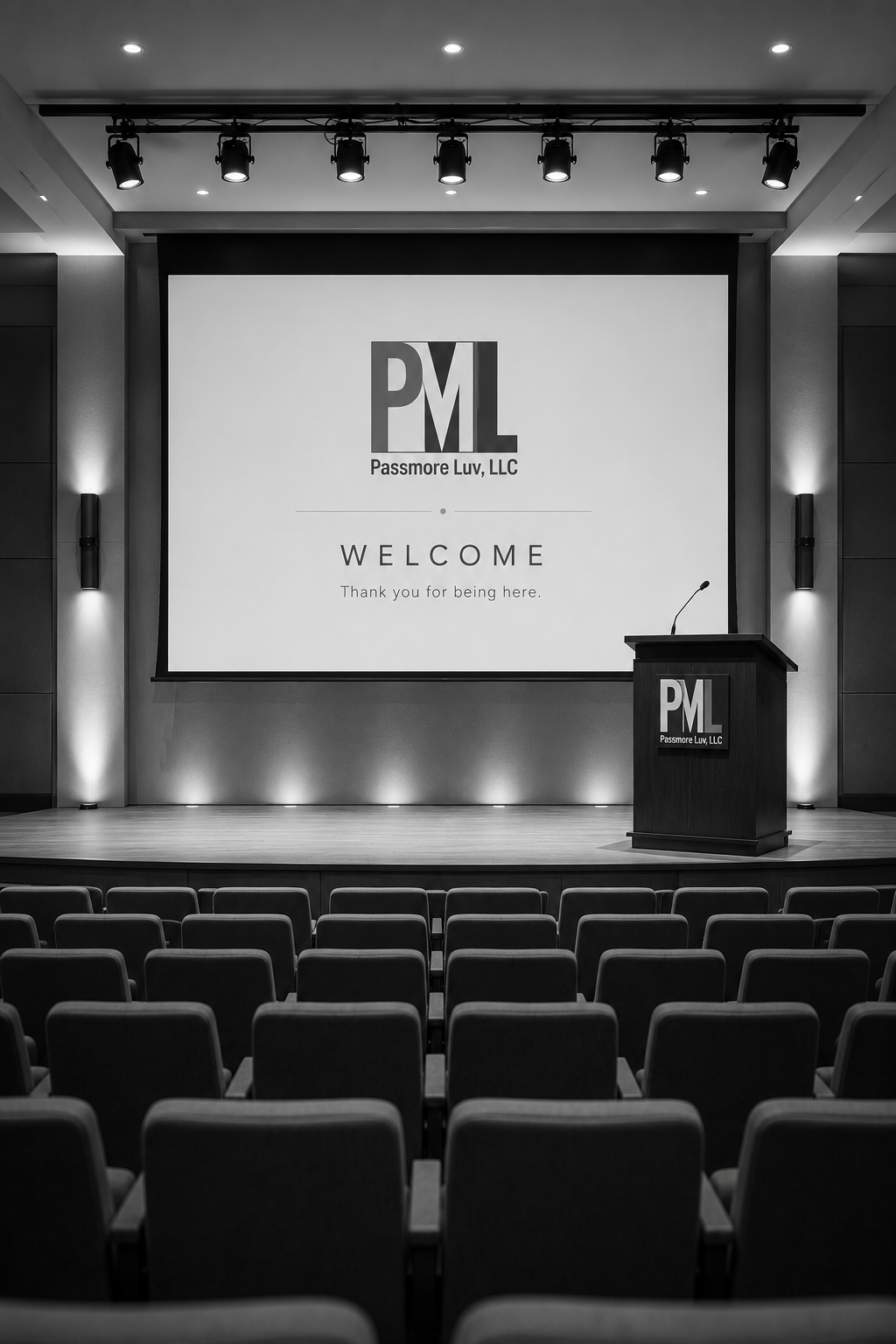 Empty conference room with a stage, large screen displaying 'PML Passmore Luv, LLC' and a welcome message, rows of chairs facing the stage, podium with microphone, and ceiling lights.