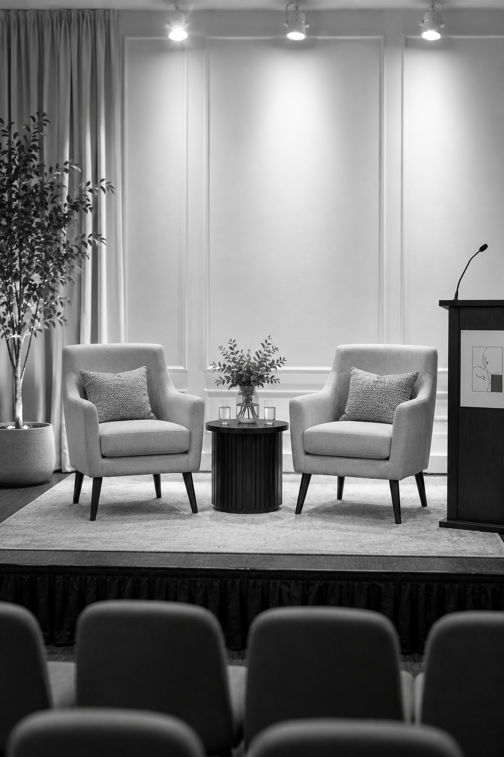 An empty stage with two armchairs, a small round table with a plant and glasses, and a podium with a microphone, set up for an interview or talk, in a formal room with curtains and indoor lighting.