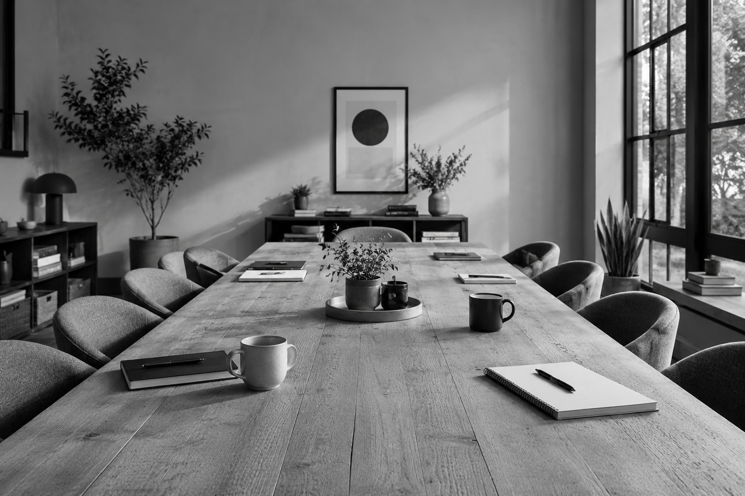 A black and white photo of a modern conference room with a large wooden table, chairs, notebooks, and coffee mugs. There are plants and framed artwork on the wall.
