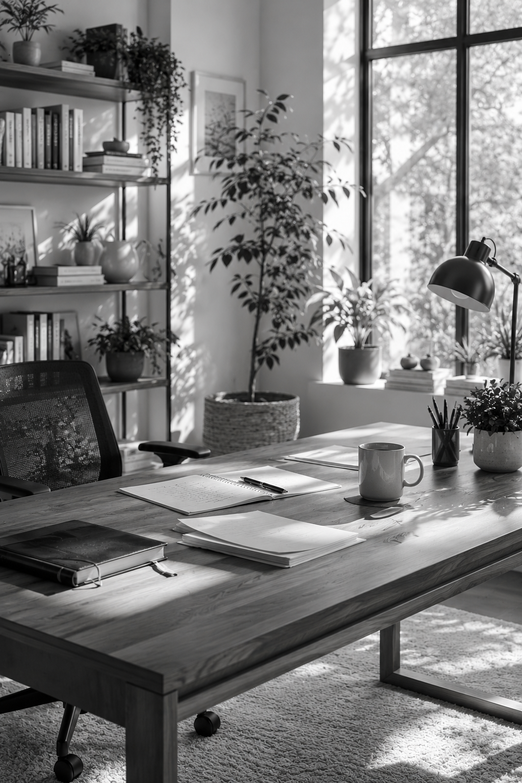 A well-lit, organized office space with a wooden desk, open notebook, pen, coffee mug, various papers, and a potted plant. Behind the desk, a large window lets in natural light, revealing indoor plants on the windowsill. To the left, a metal bookshelf holds books, decorative items, and potted plants, creating a cozy and creative working environment.