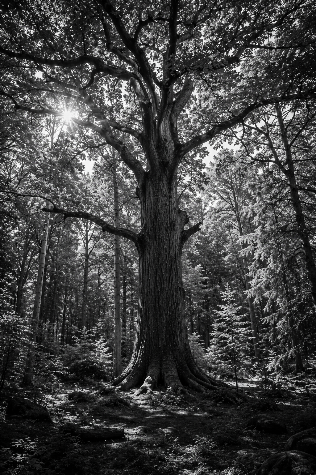 Black and white photo of a large, old tree in a dense forest, with sunlight coming through the branches.