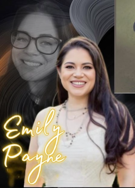 A smiling young woman with long dark hair and light skin, wearing a light-colored top and layered necklaces, standing in front of a graphic background with her name written in yellow script: Emily Payne.