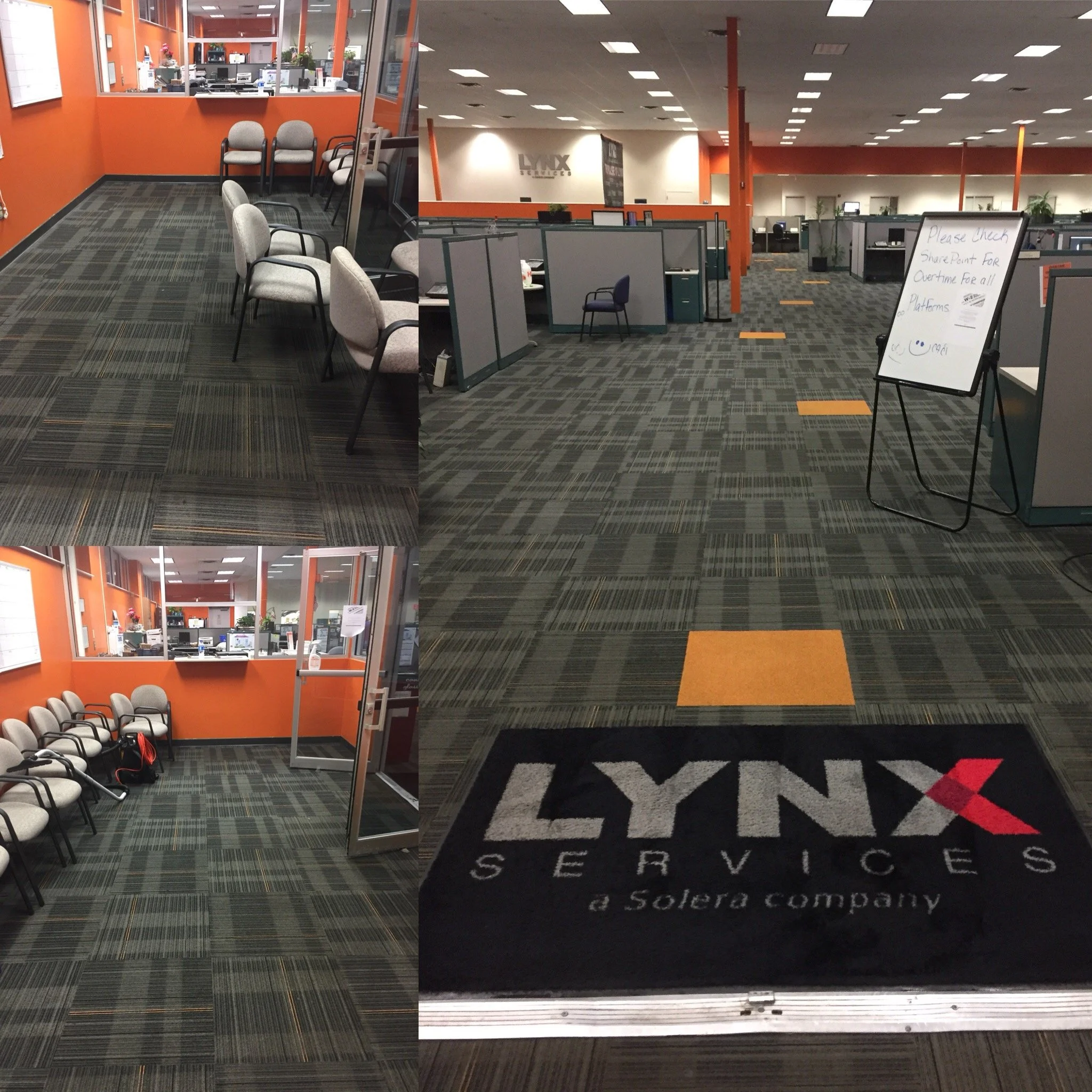 Empty waiting area with chairs, a reception desk, and a sign-in sheet, in an office environment with a patterned carpet and a sign that reads 'LYNX SERVICES' in the background.