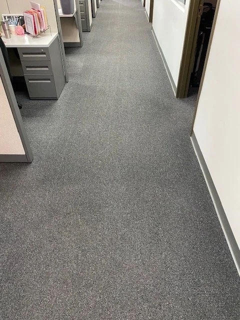 Office hallway with gray carpet, filing cabinet, and doorways.