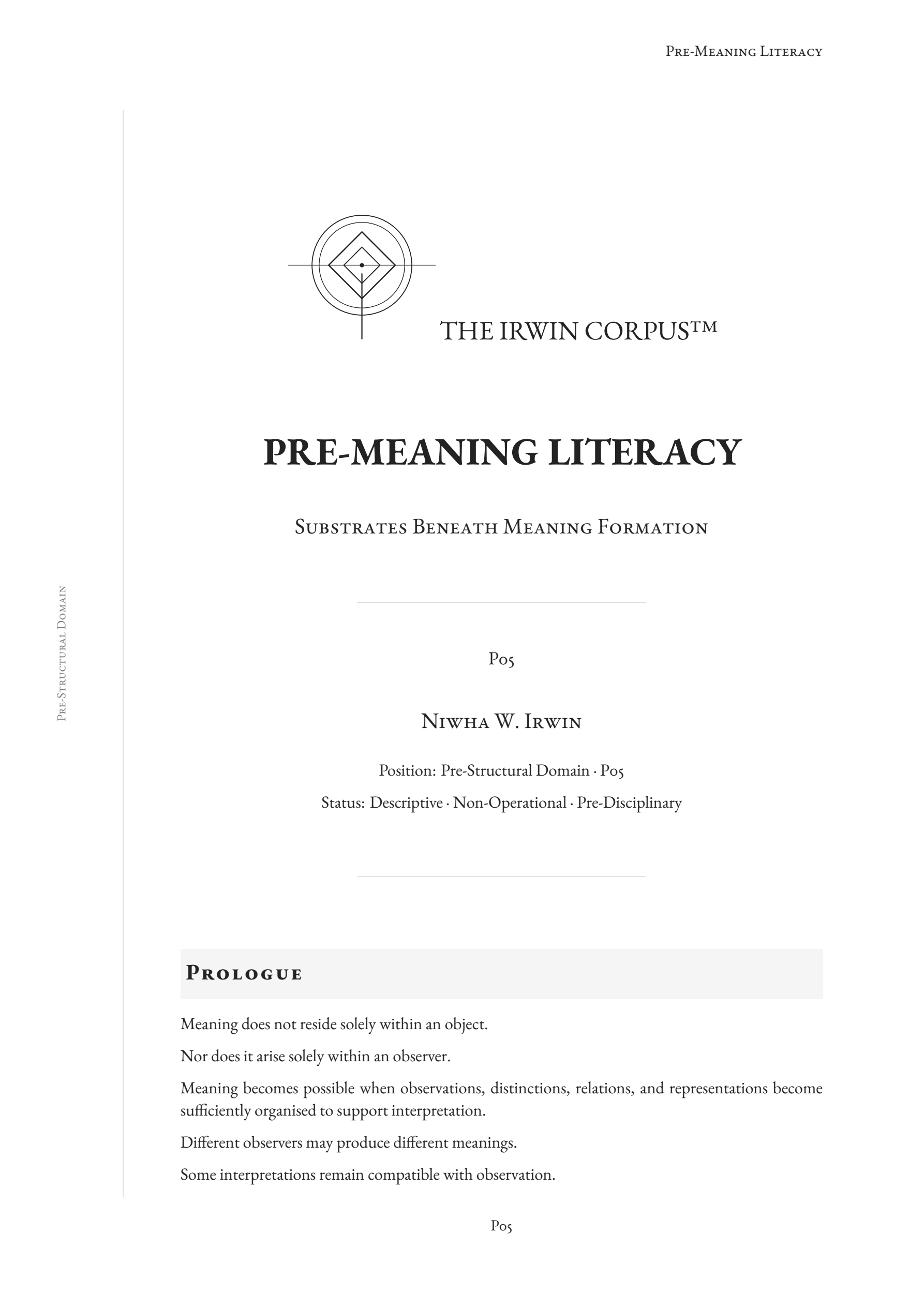 Cover of Pre-Meaning Literacy, examining when interpretation and meaning first become observable.