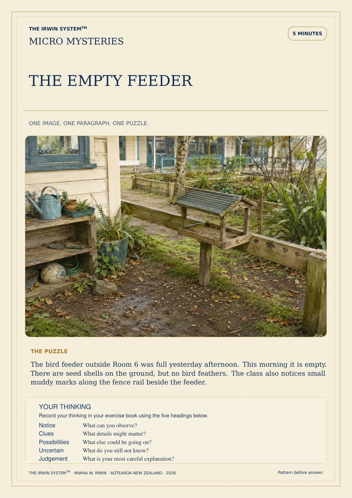 Preview of The Empty Feeder, an illustrated Micro Mystery about observation, competing possibilities, uncertainty, and evidence.