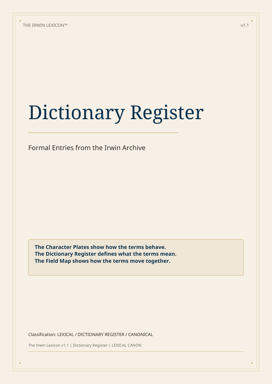Cover of the Irwin Corpus™ Lexicon Dictionary Register, gathering the canonical terms and definitions of the archive.