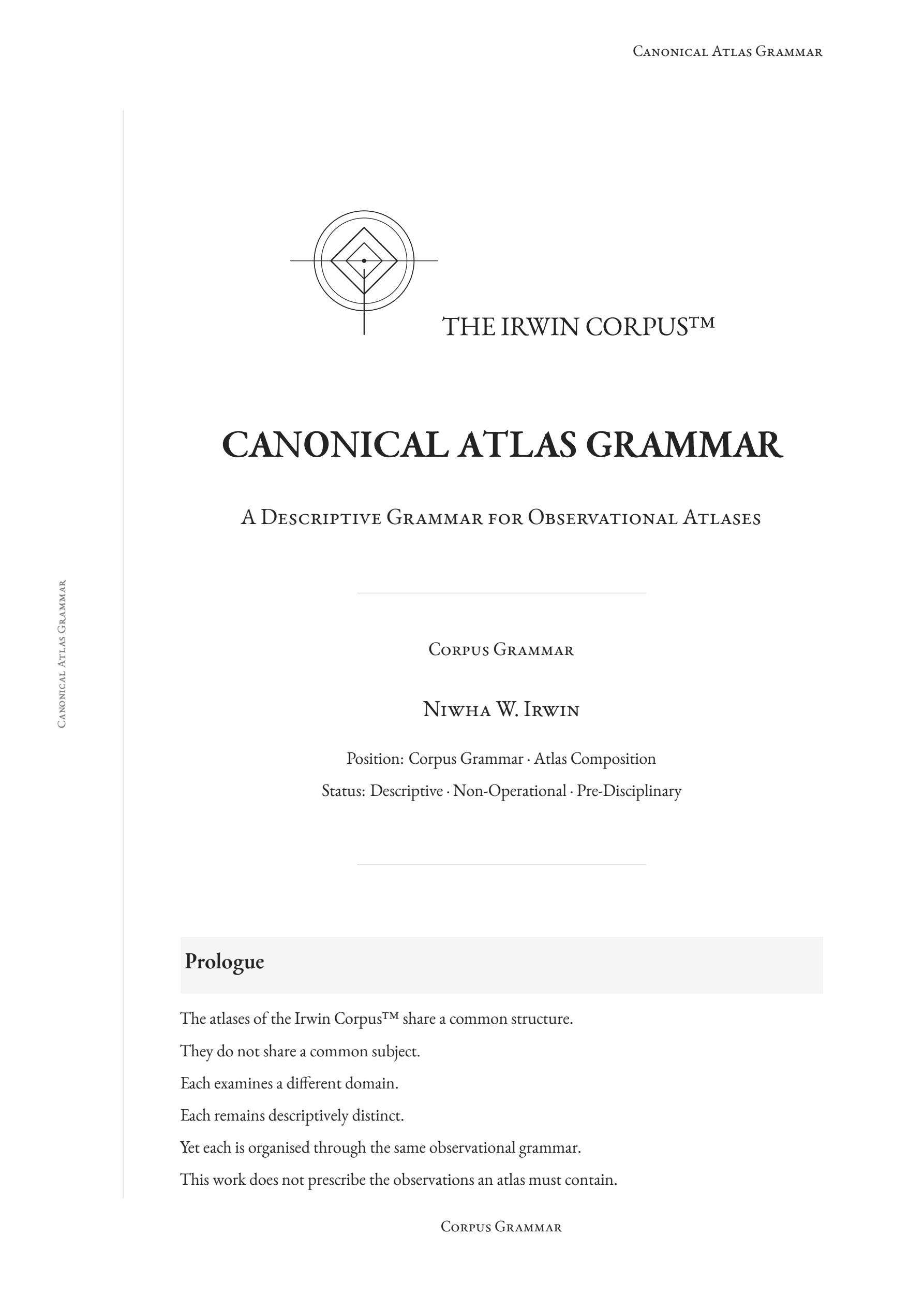 Cover of Canonical Atlas Grammar, the compositional framework for observational atlases in the Irwin Corpus™.
