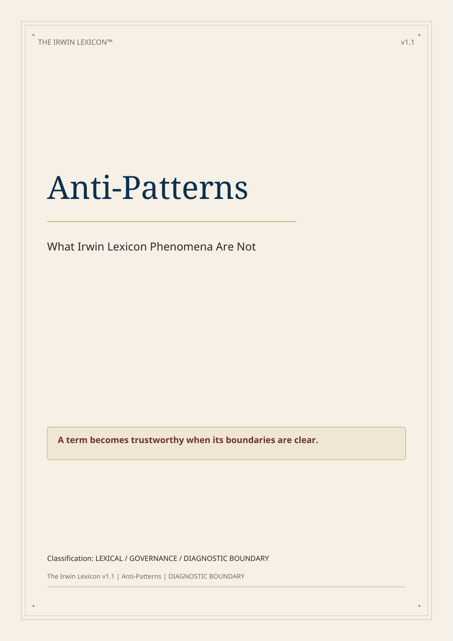 Cover of the Irwin Corpus™ Lexicon Anti-patterns, identifying recurring distortions, collapses, and failures of distinction.