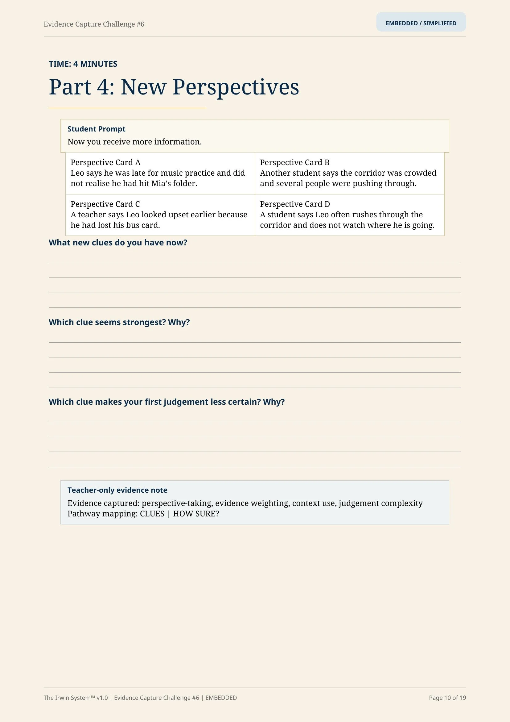 Preview of new perspectives from The One-Sided Story, helping students reconsider their judgement as additional accounts emerge.