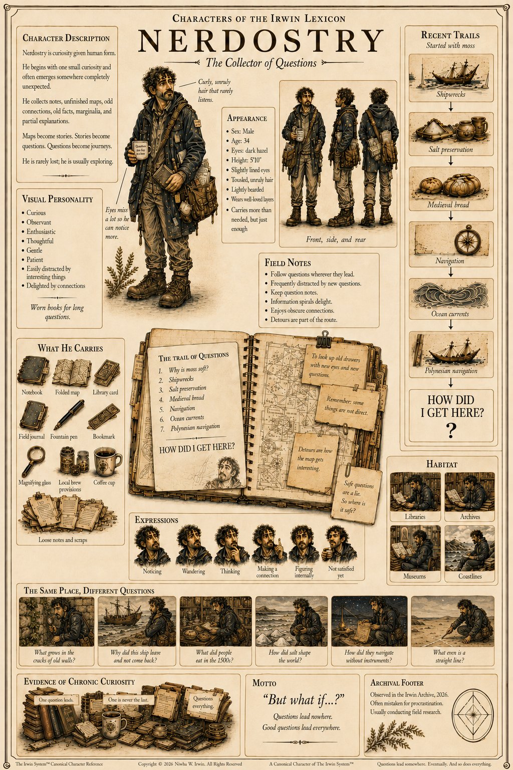Illustrated Irwin Lexicon character plate for Nerdostry, combining a central recognition figure with field notes, behaviours, objects, examples, and conceptual relationships.