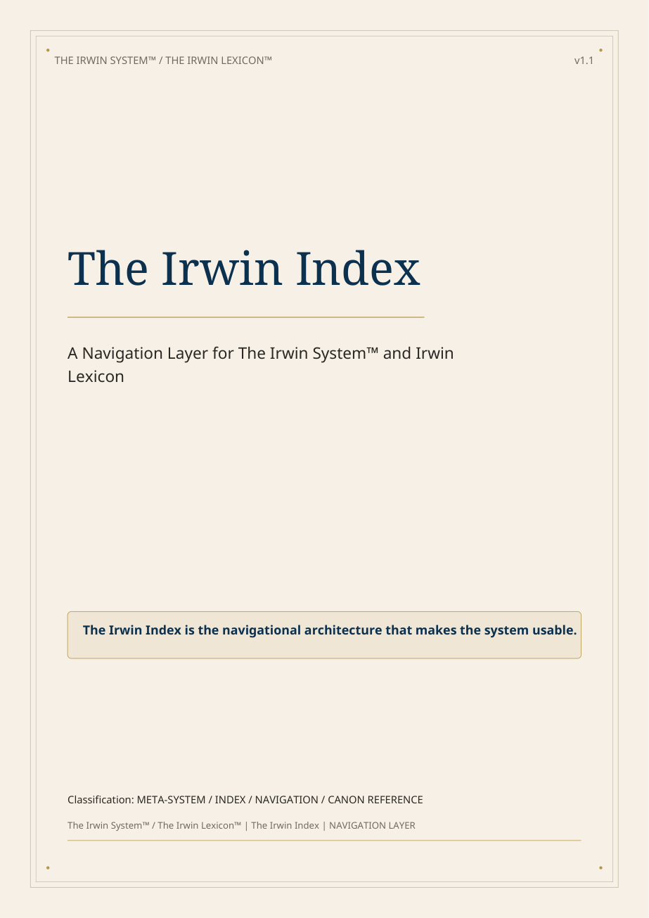 Cover of the Irwin Corpus™ Index, providing a navigation layer across terms, characters, maps, and archive structures.